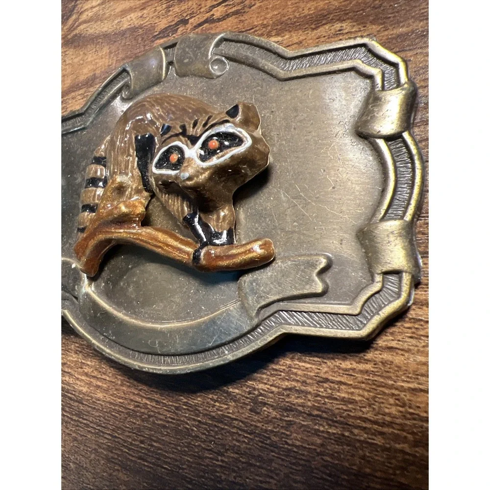 Vintage Raccoon Wildlife Belt Buckle Hand Painted Raised Relief Animal Scene